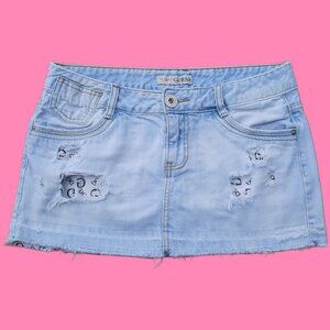 Y2K Guess Mini Skirt Light Wash Distressed Denim Size M 2000s McBling